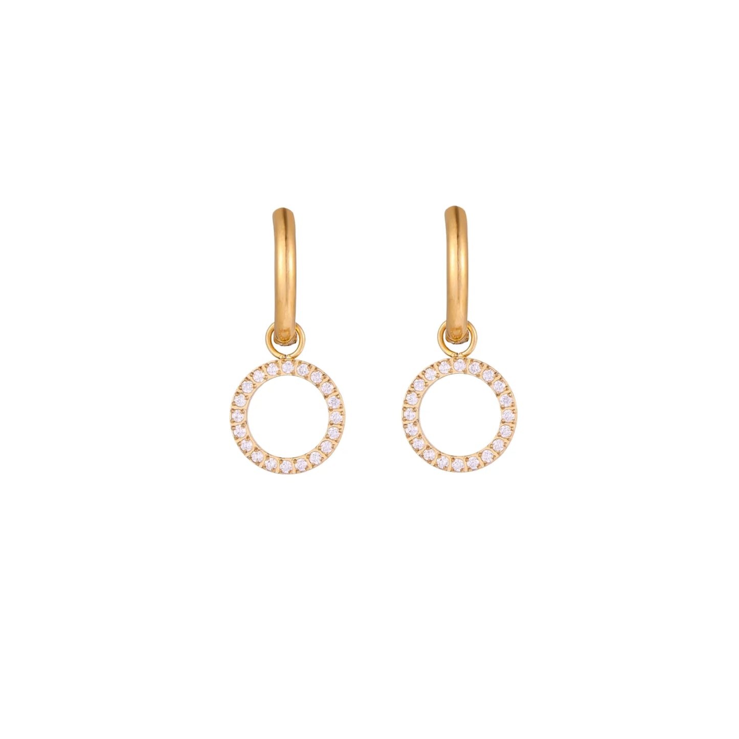 Gold-plated huggie hoop earrings with CZ-studded open circle charms on beige background