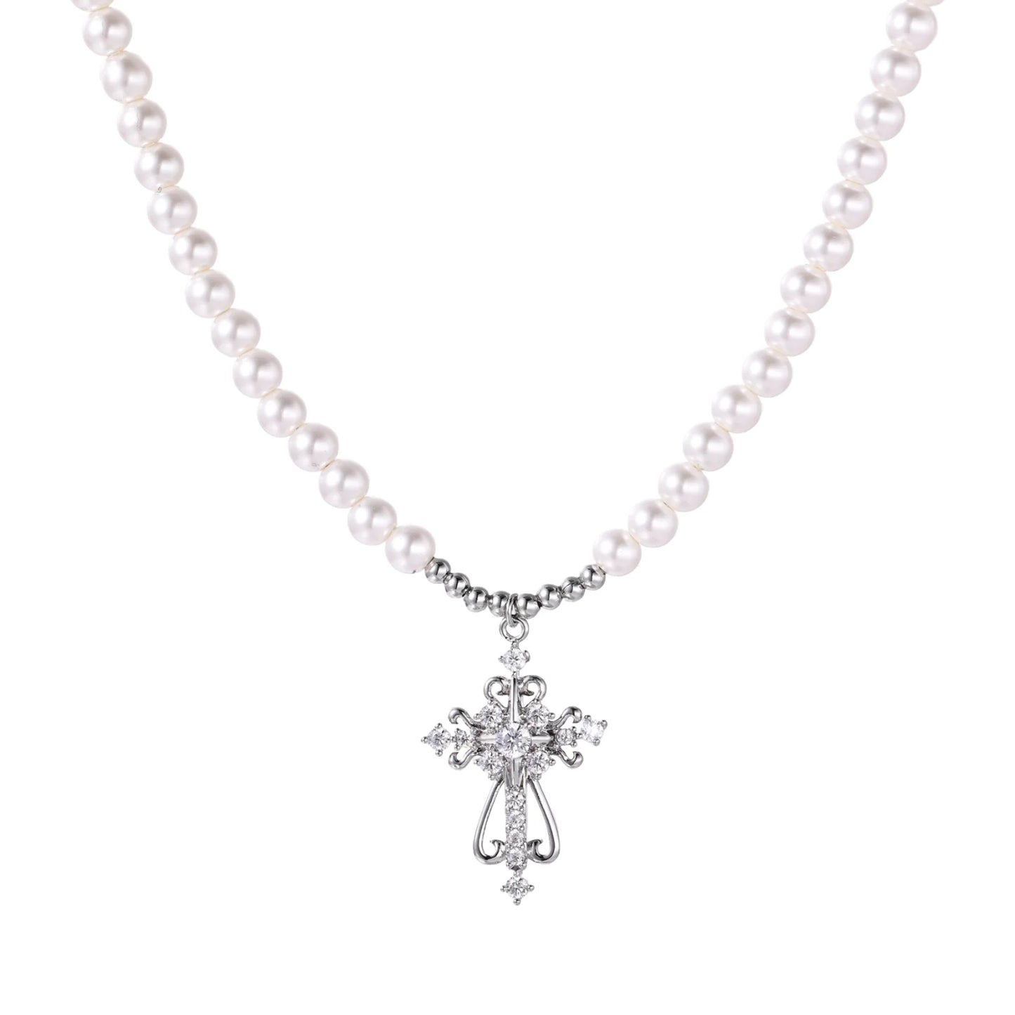 White pearl beaded necklace with ornate crystal-embellished cross pendant on white background, white gold plated finish