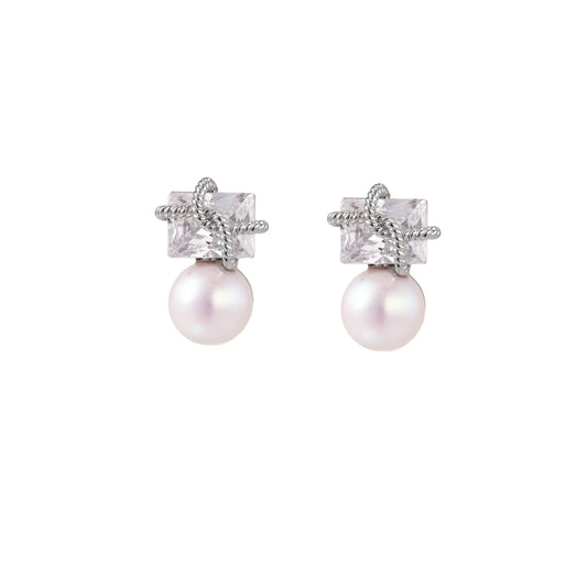White gold stud earrings with square crystal stones in twisted frames and pink freshwater pearl drops below