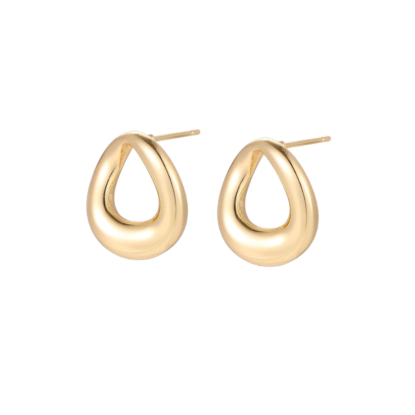 Pair of polished 18K gold-plated stainless steel teardrop earrings with hollow centers on cream background