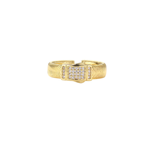 Gold-plated adjustable ring with ribbed band and rectangular pavƩ cubic zirconia panel on white background.