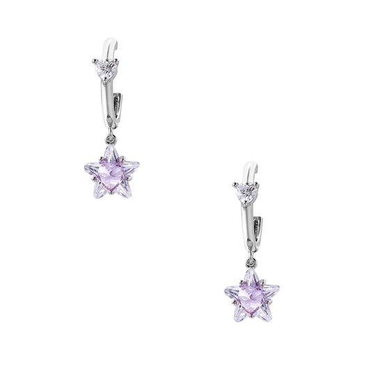 White gold plated huggie earrings with clear CZ accents and dangling lavender star-shaped crystals on cream background
