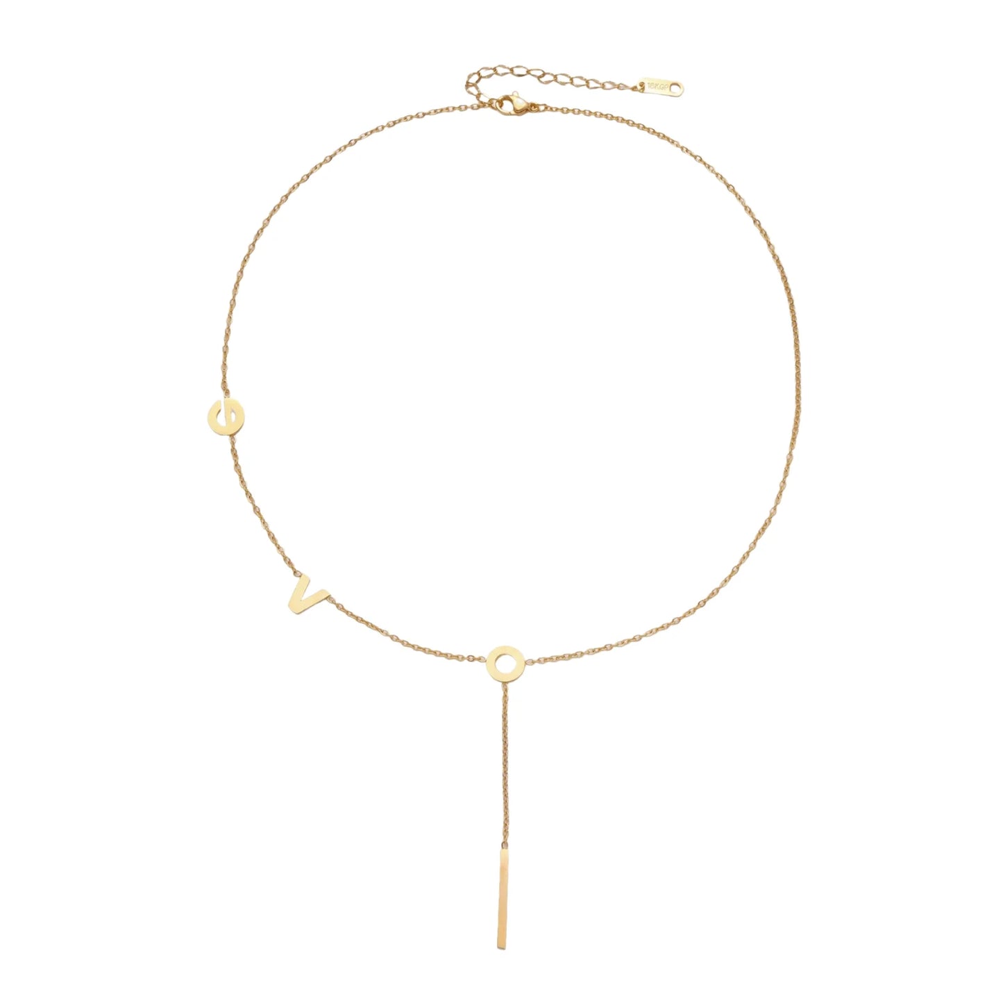 Gold Y-shaped necklace with L-O-V-E letter charms and vertical bar pendant on delicate chain against cream background