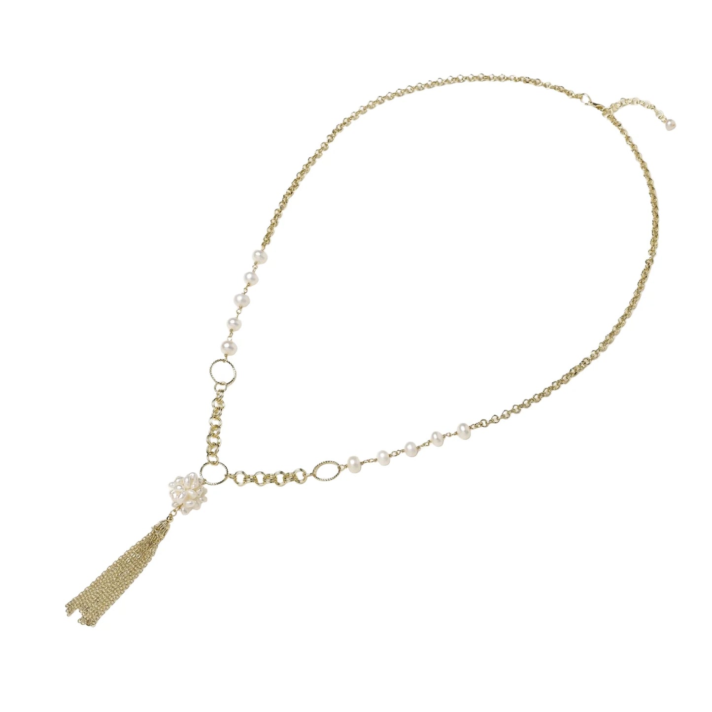 Long gold-plated necklace with freshwater pearls, chunky chain links, and flowing tassel pendant