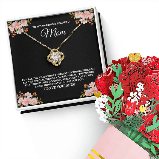 To My Amazing & Beautiful Mom - Love Knot Necklace & Laser-Printed Flower Bouquet Bundle