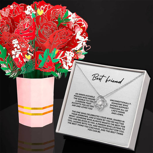 Best Friend - Love Knot Necklace & Laser-Printed Flower Bouquet Bundle