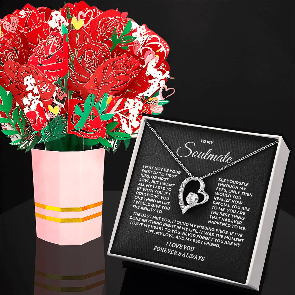To My Soulmate - Forever Love Necklace & Laser-Printed Flower Bouquet Bundle