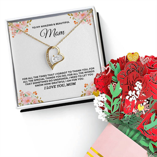 To My Amazing & Beautiful Mom - Forever Love Necklace & Laser-Printed Flower Bouquet Bundle