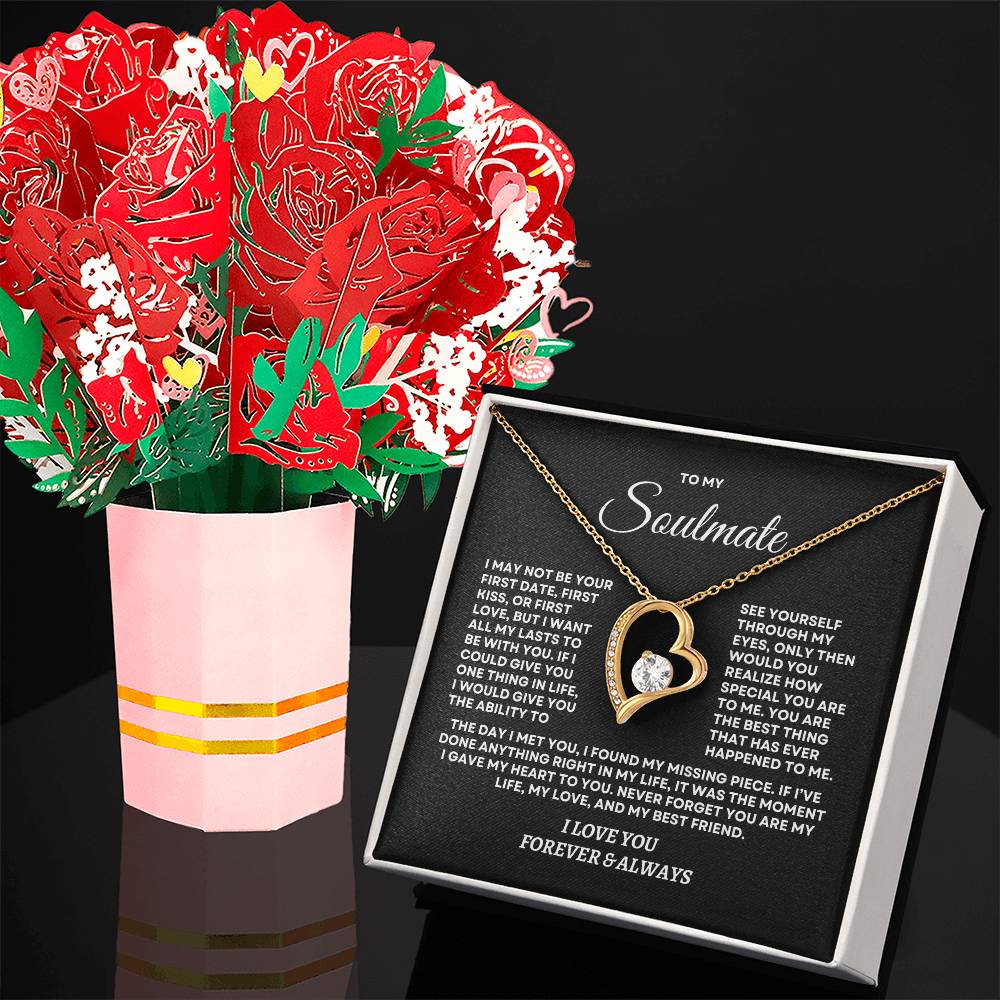 To My Soulmate - Forever Love Necklace & Laser-Printed Flower Bouquet Bundle