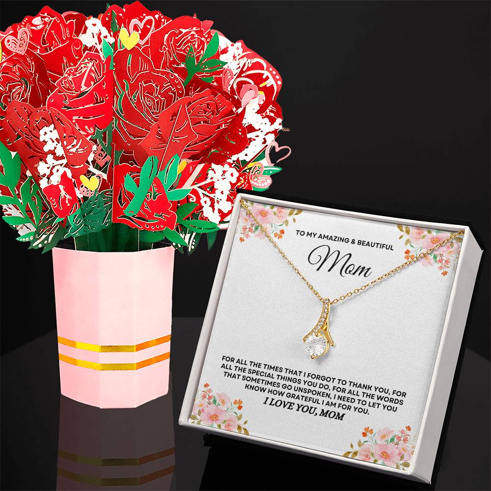 Amazing & Beautiful Mom - Alluring Beauty Necklace & Laser-Printed Flower Bouquet Bundle