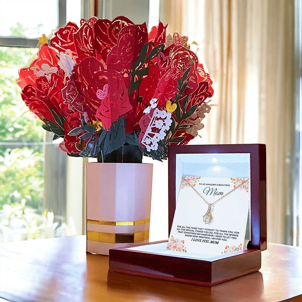 Amazing & Beautiful Mom - Alluring Beauty Necklace & Laser-Printed Flower Bouquet Bundle