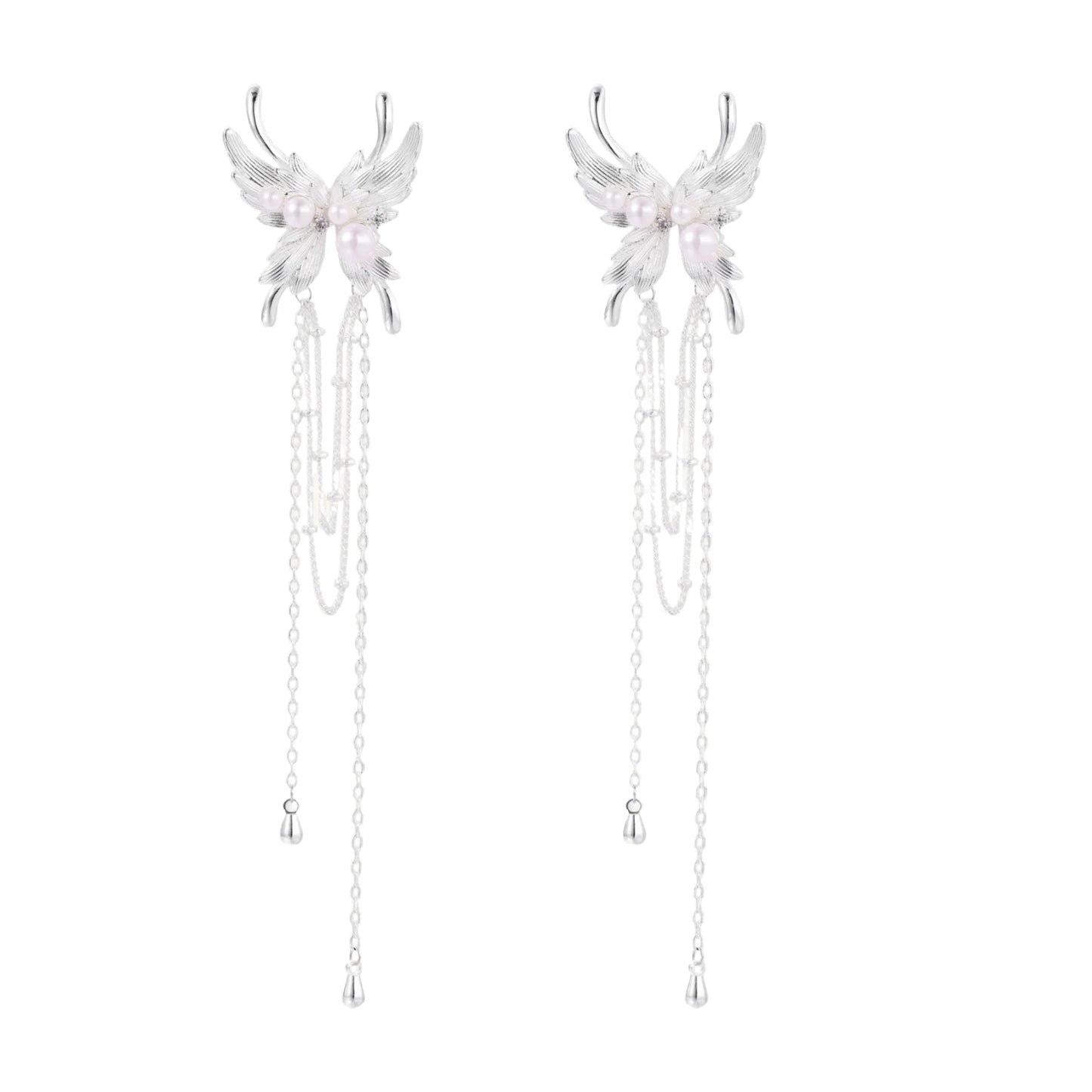 Elegant chandelier earrings with phoenix wing design, white pearls, and cascading silver chains on cream background
