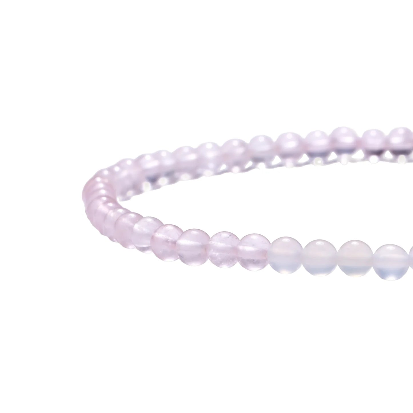 Double-wrap lavender beaded bracelet with rose quartz, pearls, gold vermeil charm and pink tassel on white background.