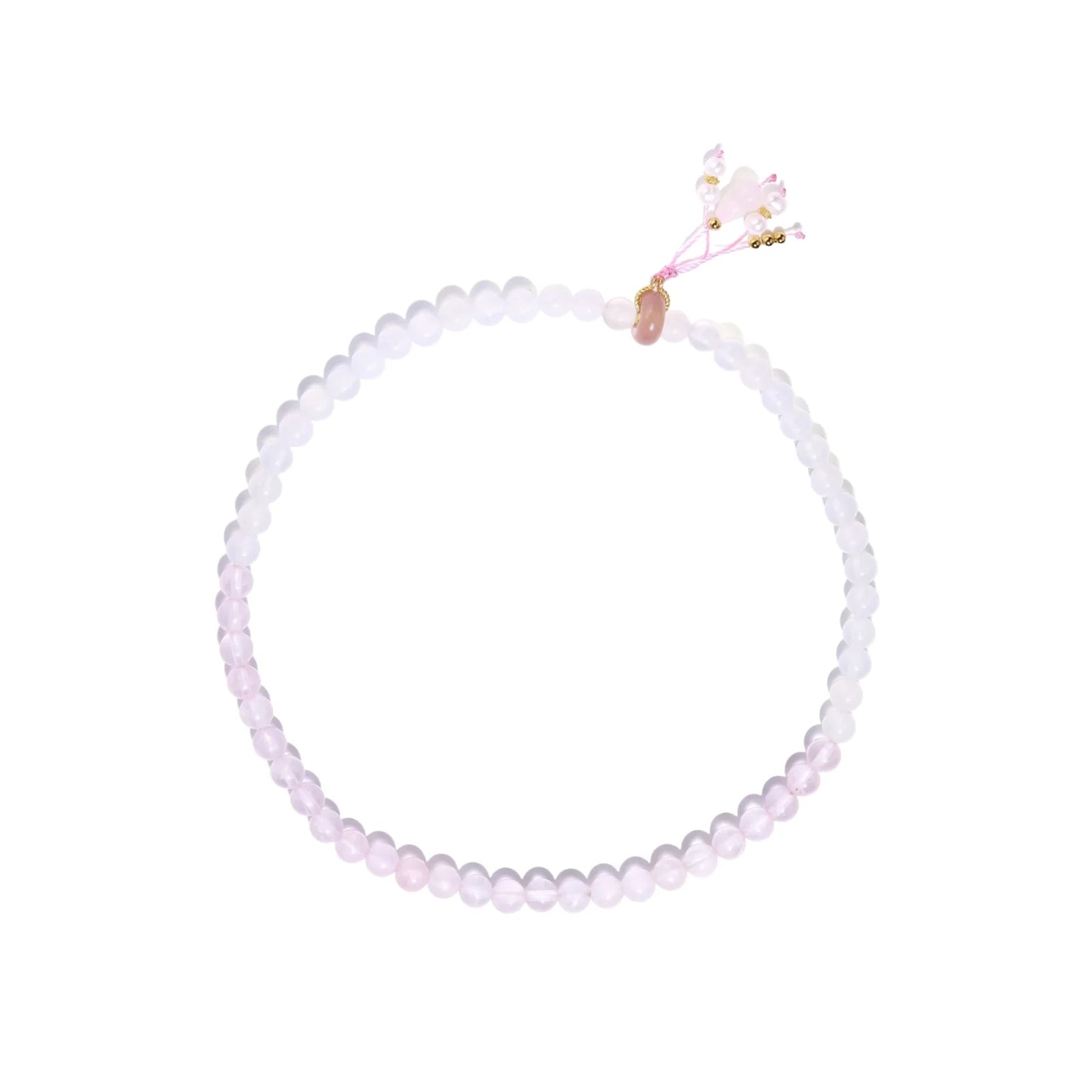 Double-wrap lavender beaded bracelet with rose quartz, pearls, gold vermeil charm and pink tassel on white background.