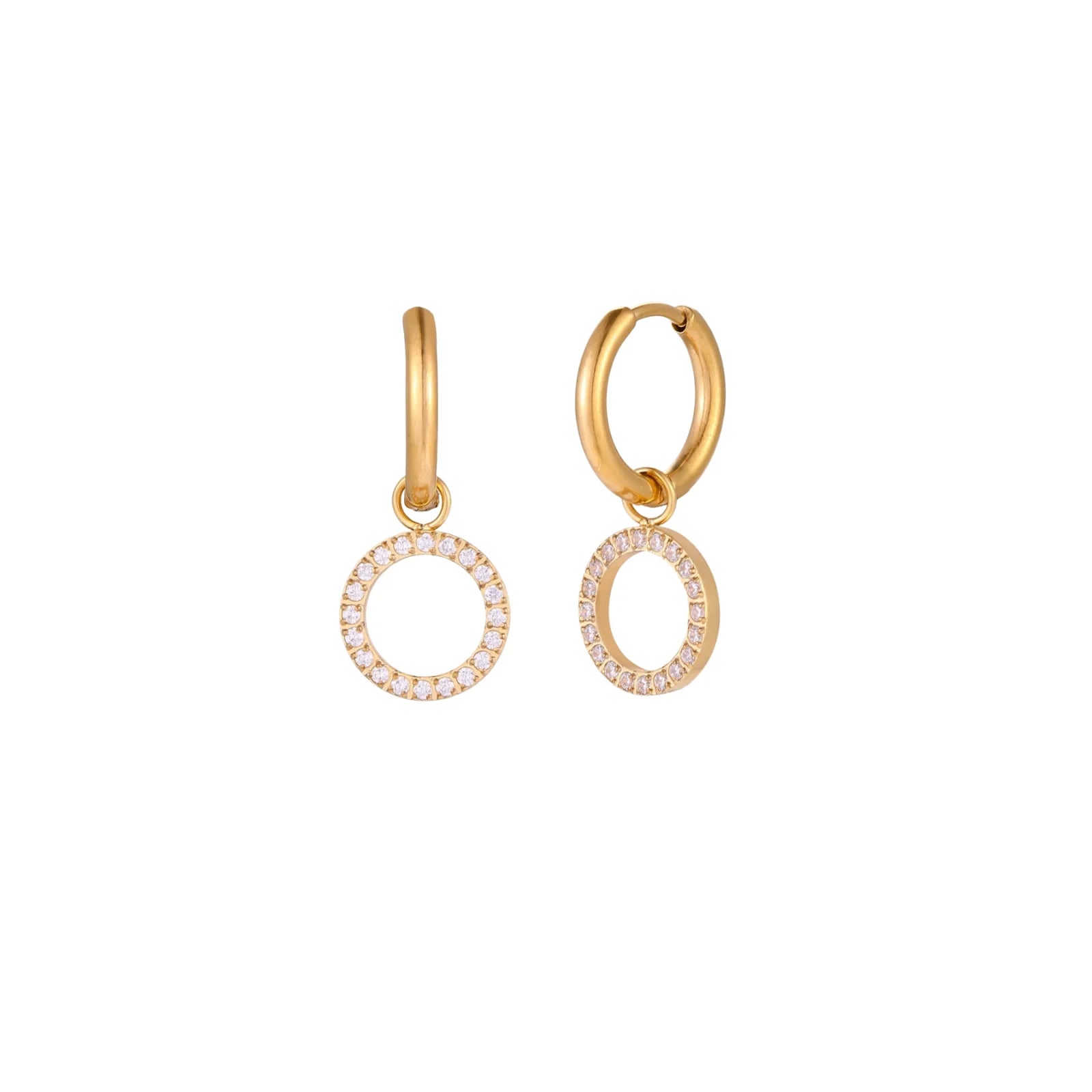 Gold-plated huggie hoop earrings with CZ-studded open circle charms on beige background