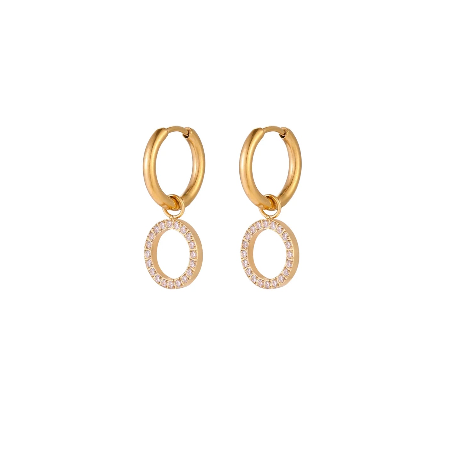 Gold-plated huggie hoop earrings with CZ-studded open circle charms on beige background