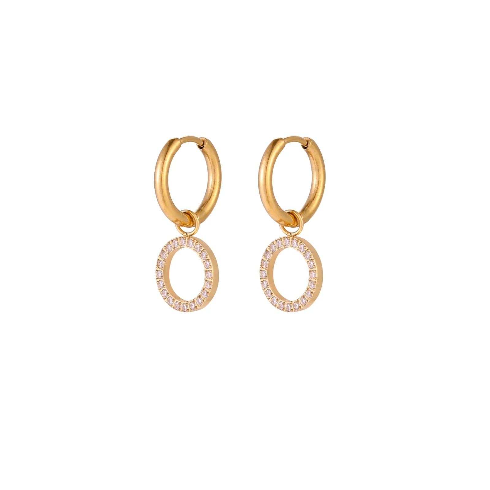 Gold-plated huggie hoop earrings with CZ-studded open circle charms on beige background