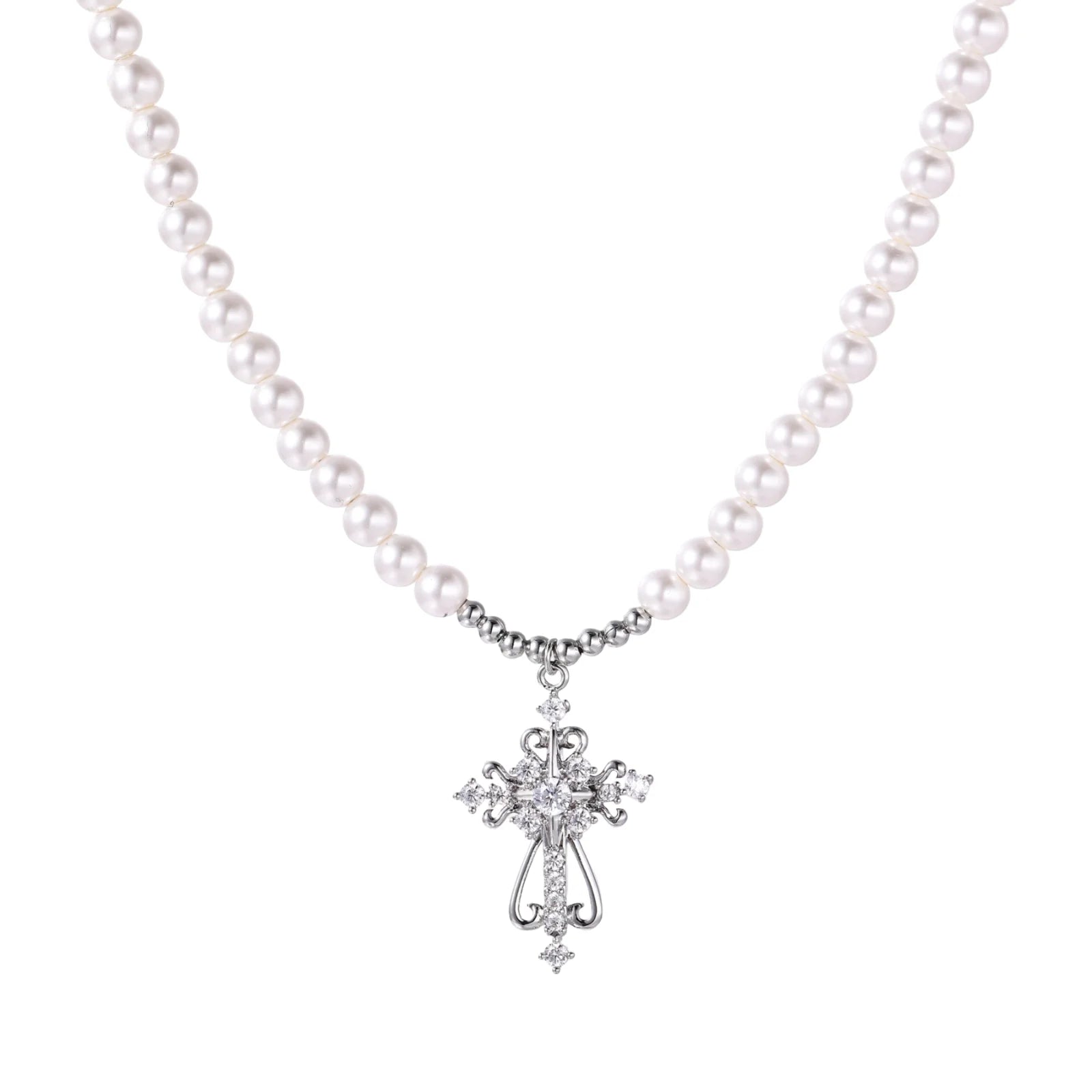 White pearl beaded necklace with ornate crystal-embellished cross pendant on white background, white gold plated finish