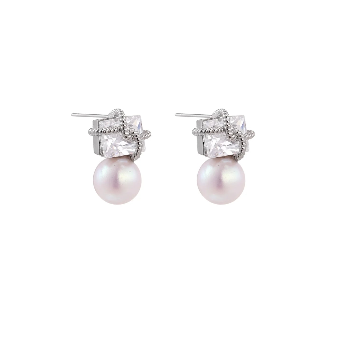 White gold stud earrings with square crystal stones in twisted frames and pink freshwater pearl drops below