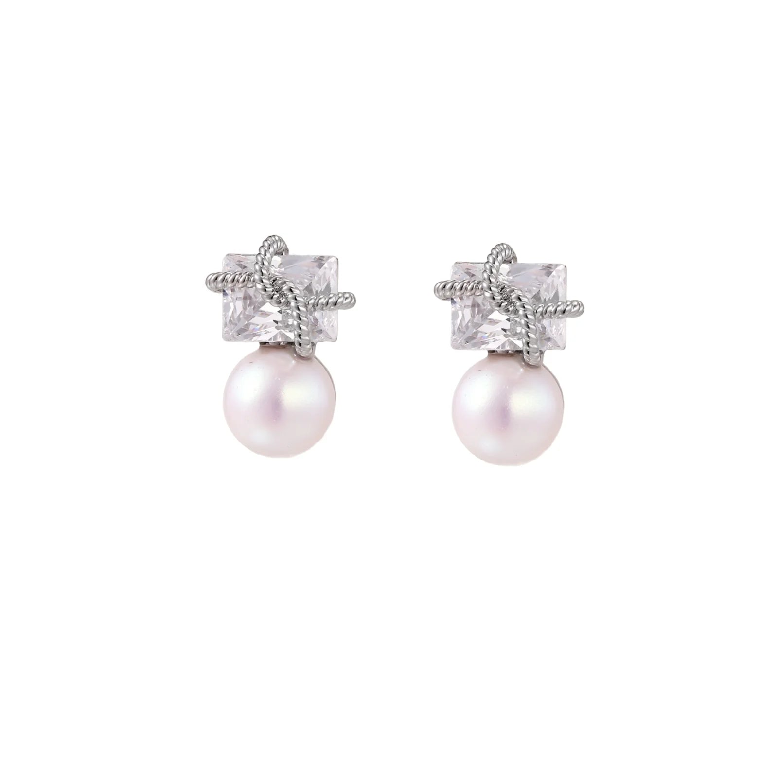 White gold stud earrings with square crystal stones in twisted frames and pink freshwater pearl drops below