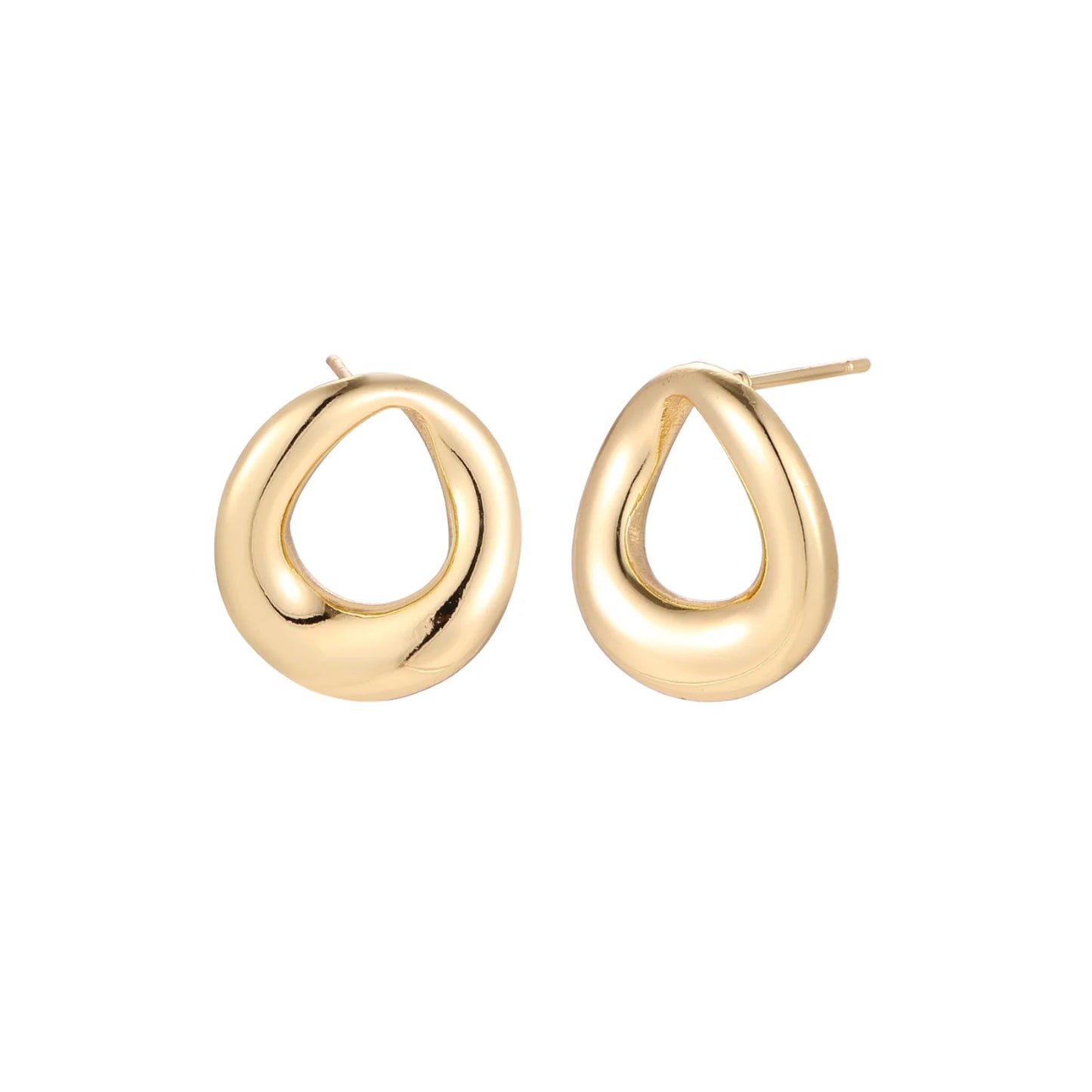 Pair of polished 18K gold-plated stainless steel teardrop earrings with hollow centers on cream background