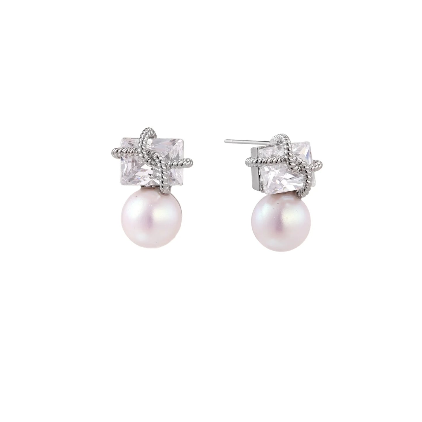White gold stud earrings with square crystal stones in twisted frames and pink freshwater pearl drops below