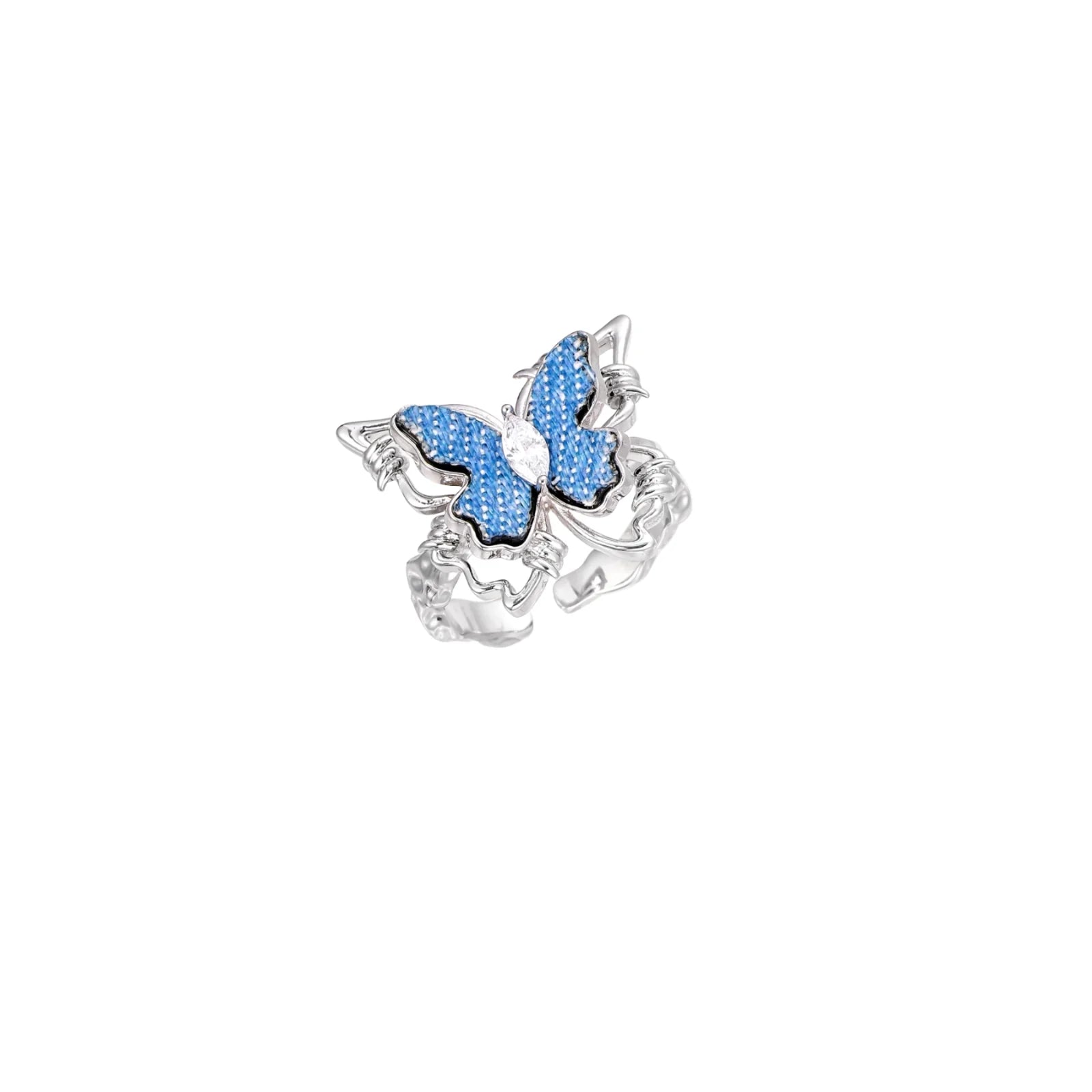 Silver-toned ring with blue denim butterfly wings, marquise zirconia center, and ornate scrollwork band on white background