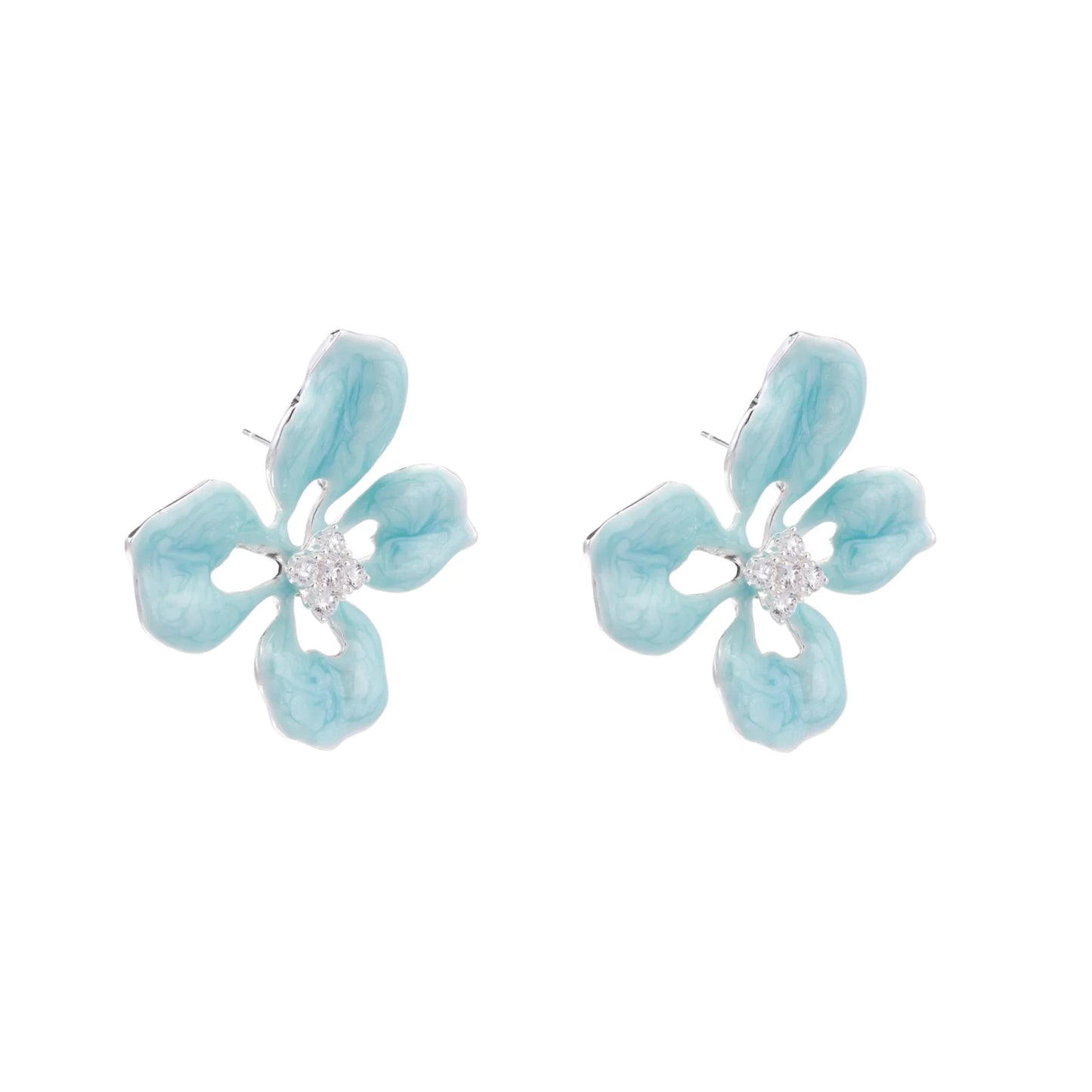 Turquoise enamel flower stud earrings with marbled finish and crystal centers on 18K gold plated brass