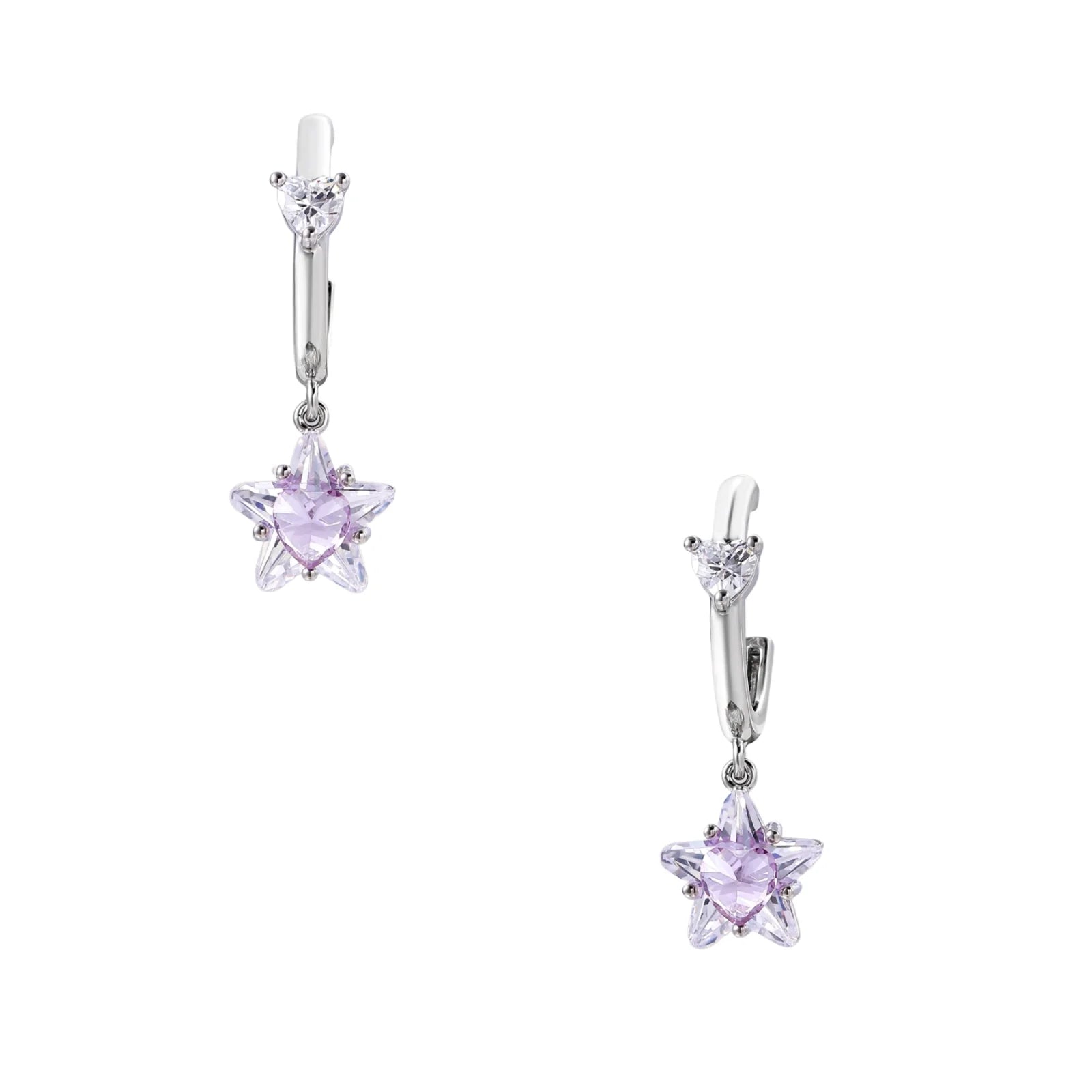 White gold plated huggie earrings with clear CZ accents and dangling lavender star-shaped crystals on cream background