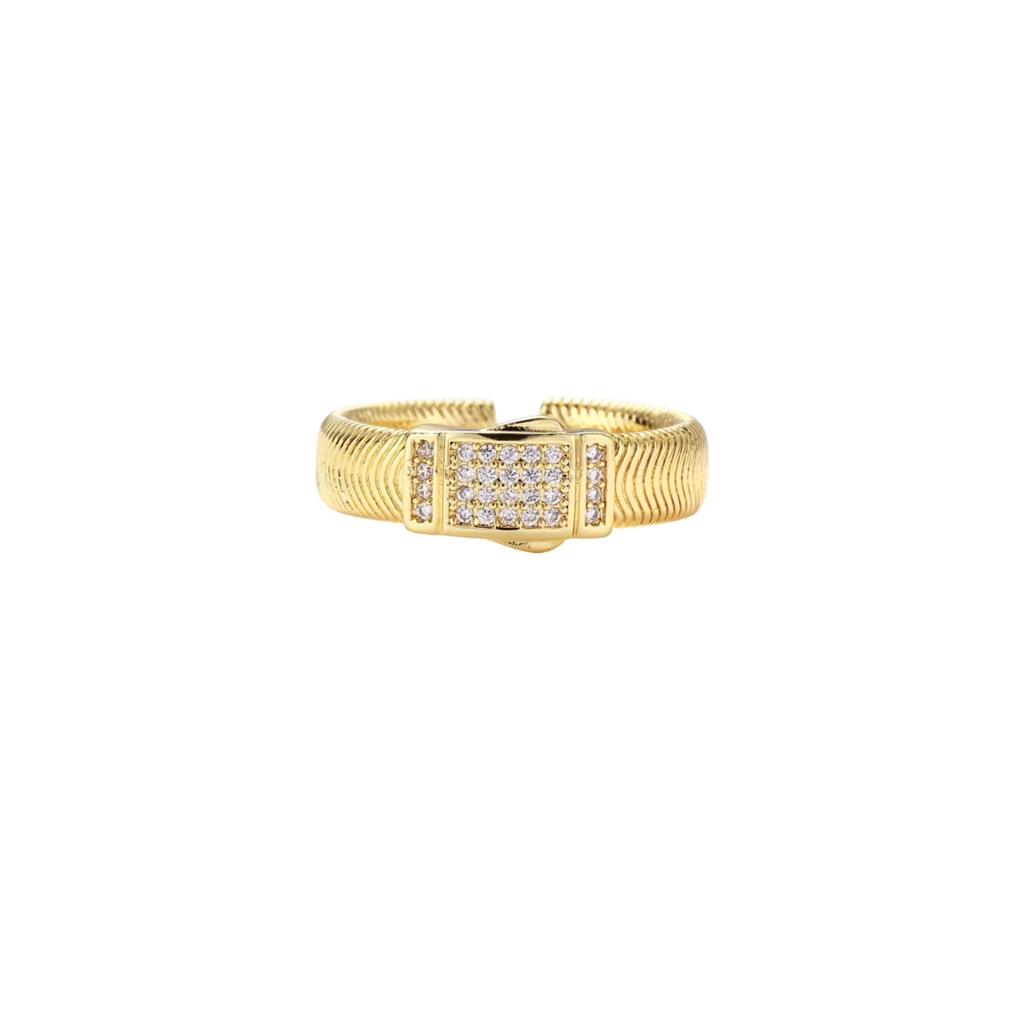 Gold-plated adjustable ring with ribbed band and rectangular pavé cubic zirconia panel on white background.