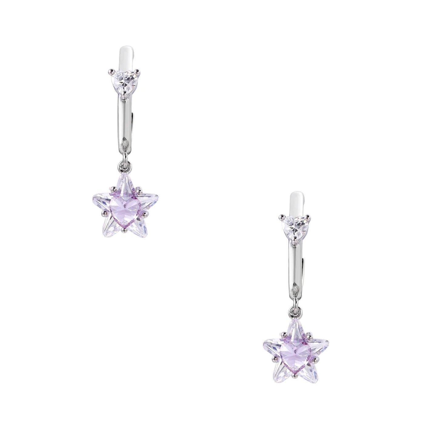 White gold plated huggie earrings with clear CZ accents and dangling lavender star-shaped crystals on cream background