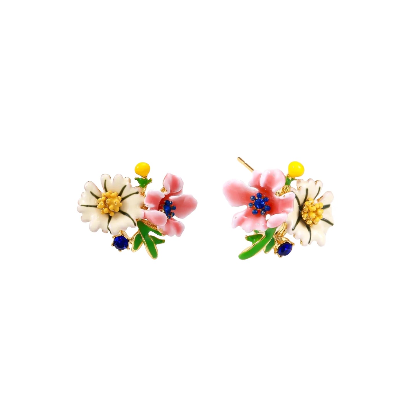 Colorful floral cluster stud earrings with pink blooms, white daisies, yellow accents on gold-plated brass base