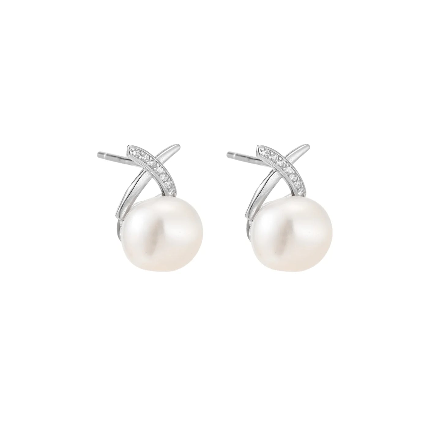Rhodium-plated silver stud earrings with sparkling X design above lustrous round freshwater pearls on white background.