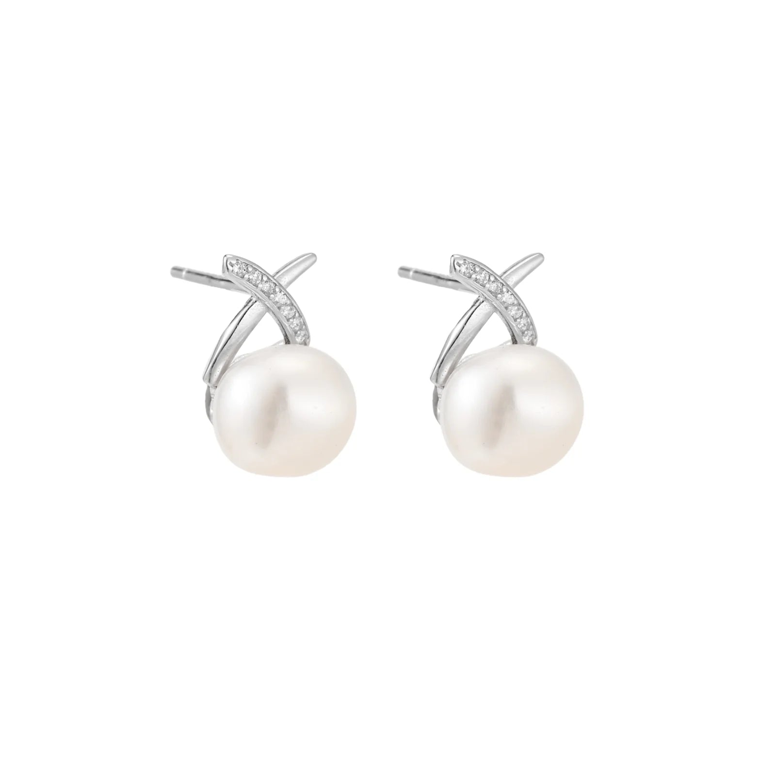 Rhodium-plated silver stud earrings with sparkling X design above lustrous round freshwater pearls on white background.