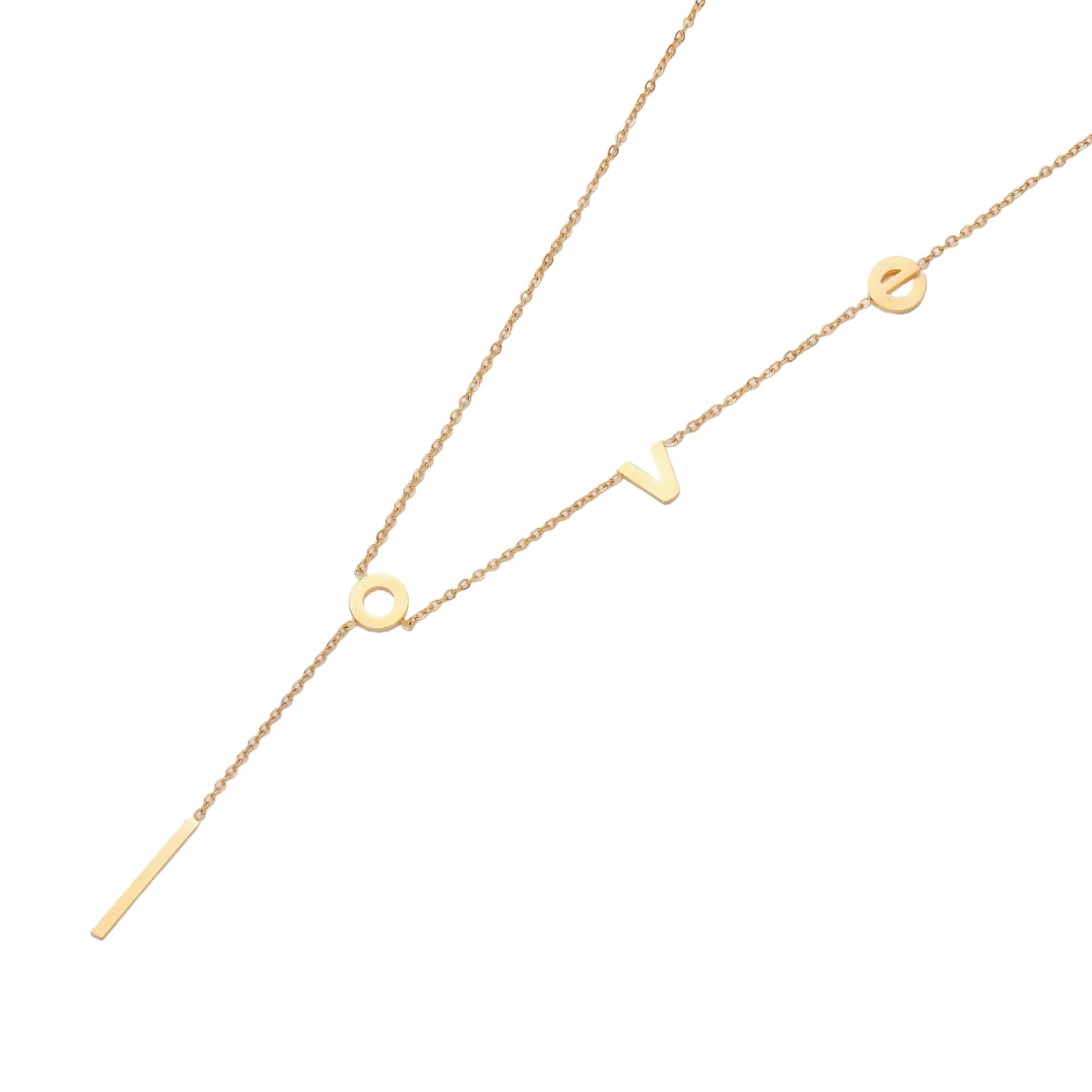 Gold Y-shaped necklace with L-O-V-E letter charms and vertical bar pendant on delicate chain against cream background