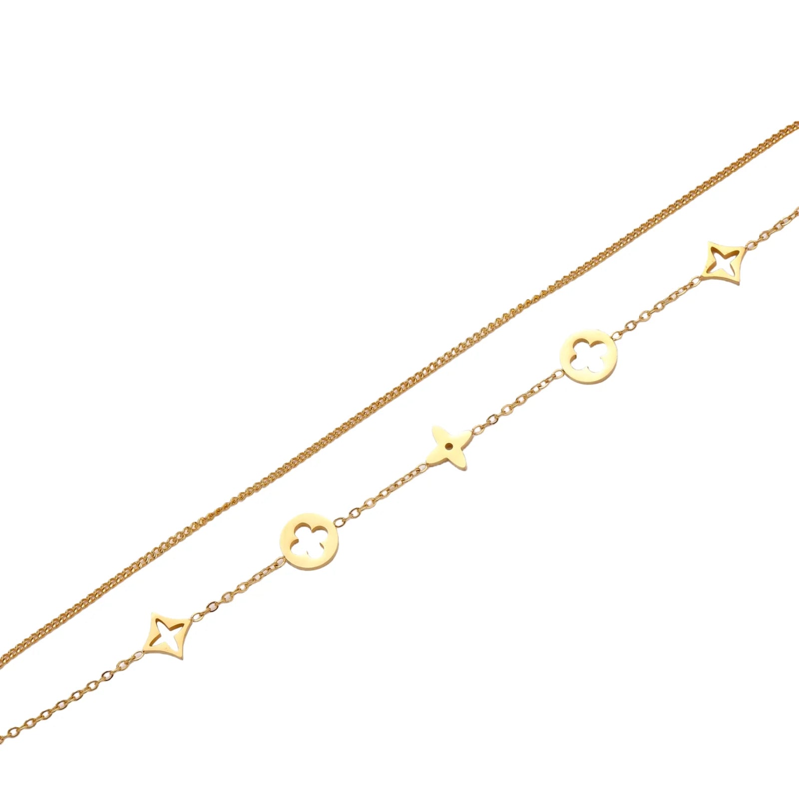 Double-layer gold-plated bracelet with quatrefoil and star charms on cream background, 18K gold finish.