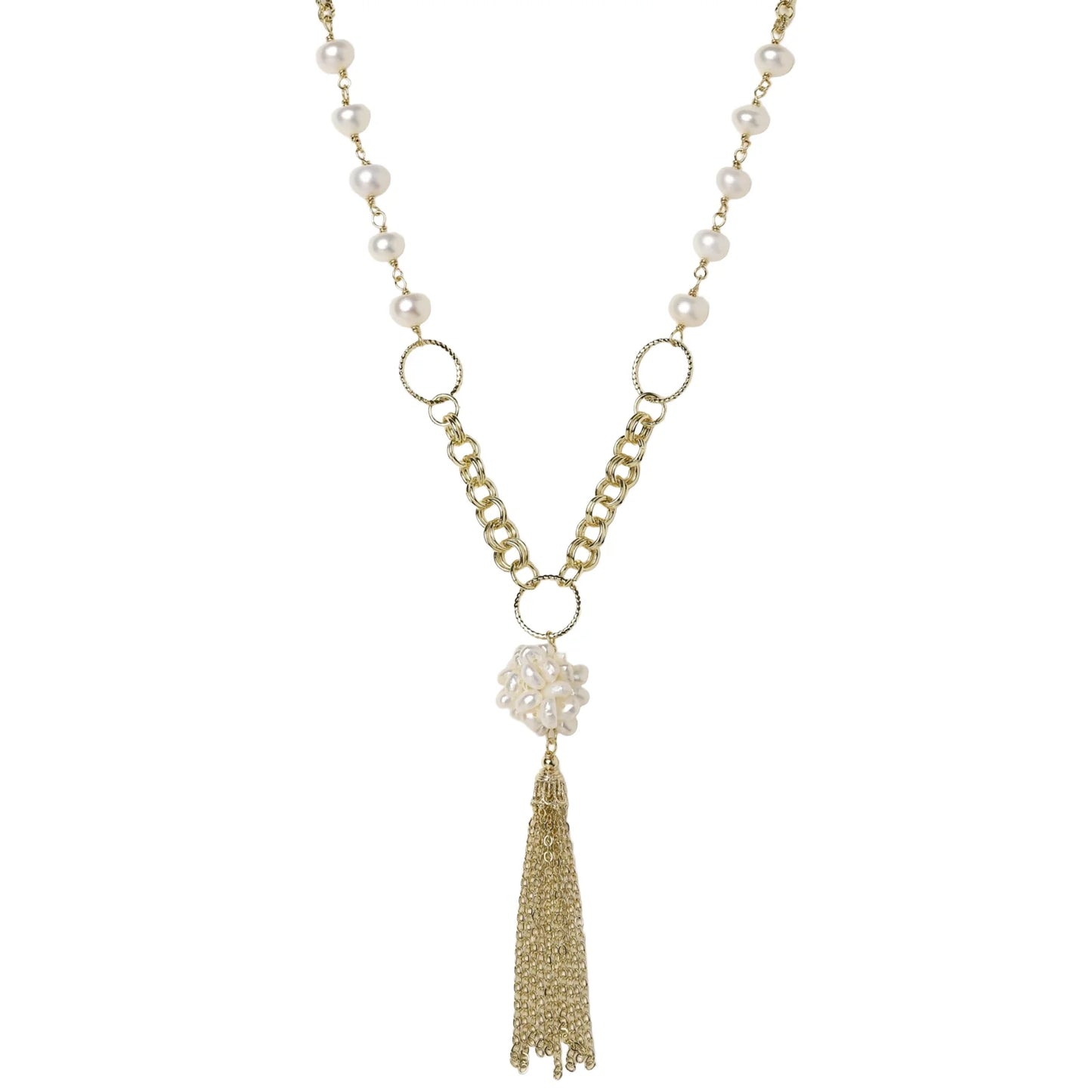 Long gold-plated necklace with freshwater pearls, chunky chain links, and flowing tassel pendant