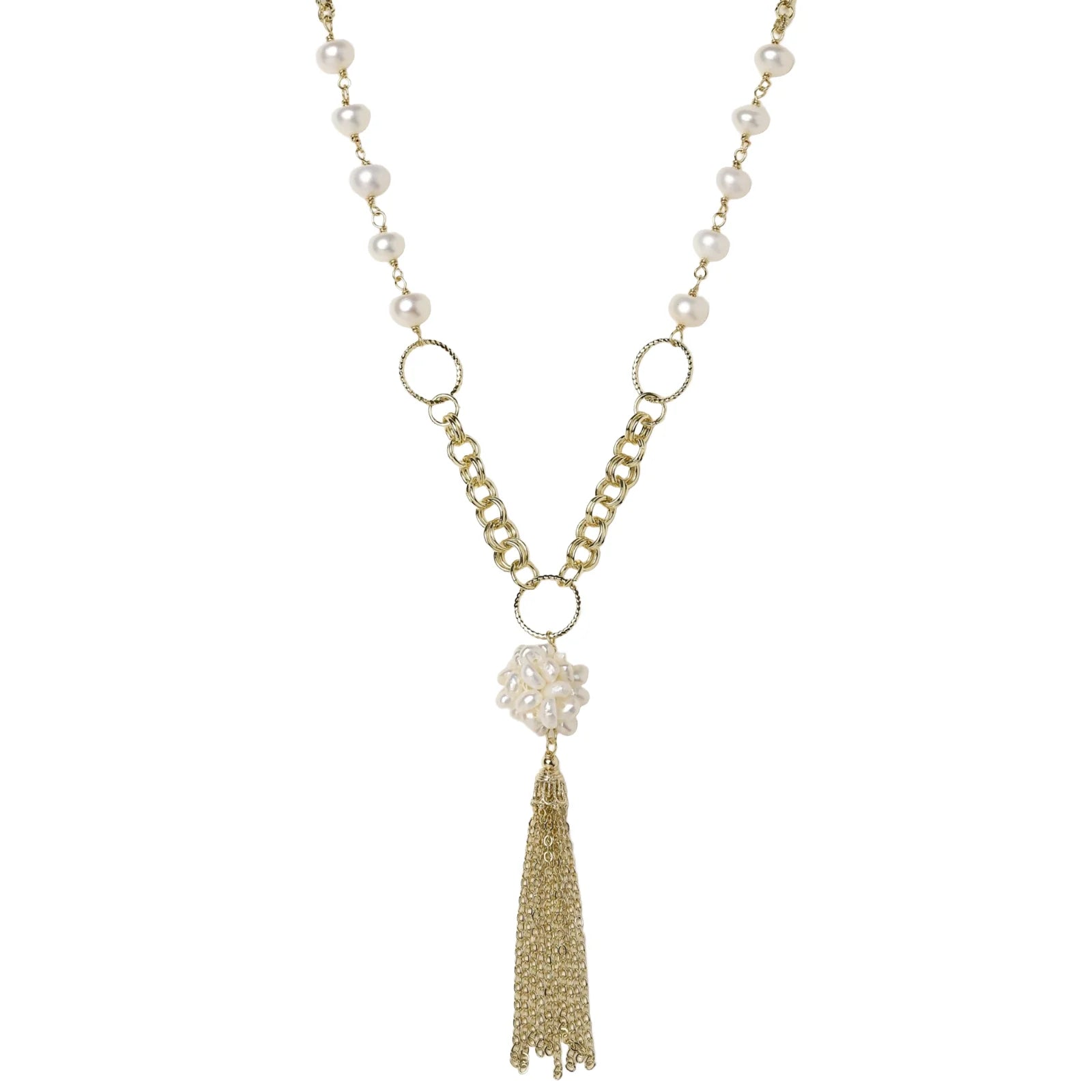 Long gold-plated necklace with freshwater pearls, chunky chain links, and flowing tassel pendant