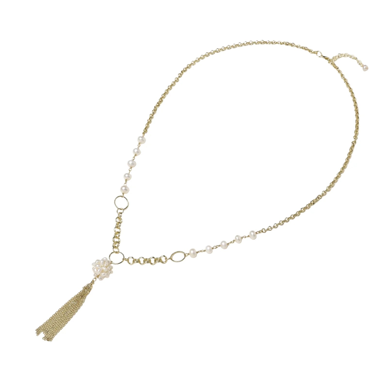 Long gold-plated necklace with freshwater pearls, chunky chain links, and flowing tassel pendant
