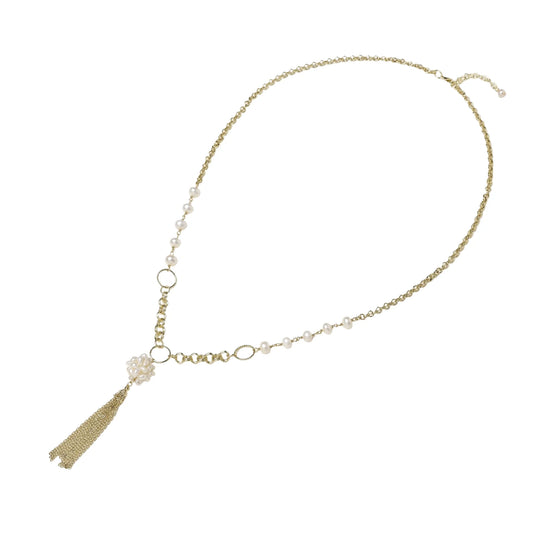 Long gold-plated necklace with freshwater pearls, chunky chain links, and flowing tassel pendant