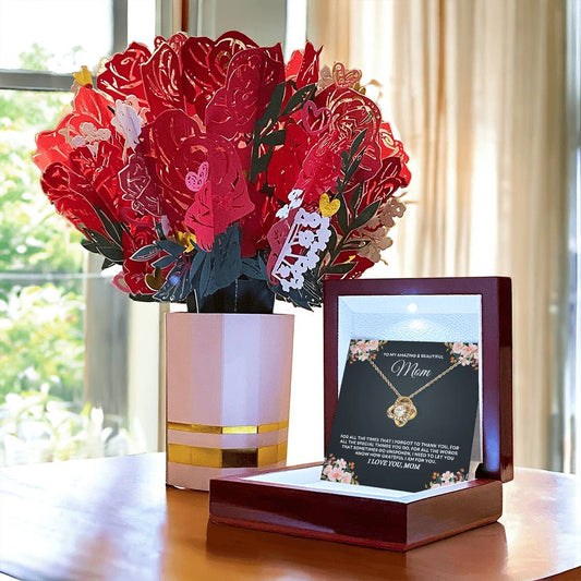 To My Amazing & Beautiful Mom - Love Knot Necklace & Laser-Printed Flower Bouquet Bundle