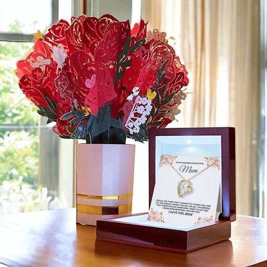 To My Amazing & Beautiful Mom - Forever Love Necklace & Laser-Printed Flower Bouquet Bundle